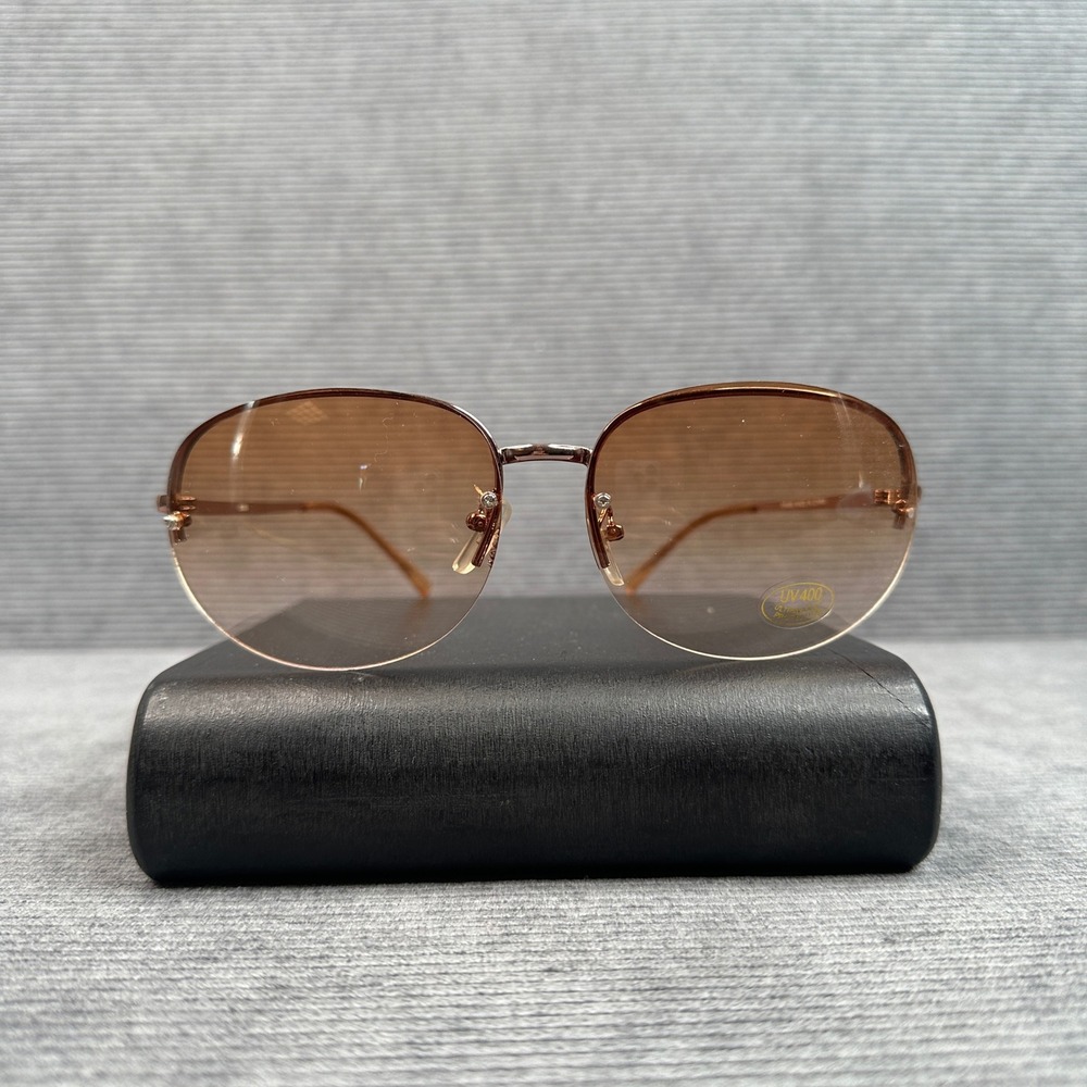 Rimless Oval Sunglasses Rose Gold Metal Frame Brown Gradient Lens UV400 8030